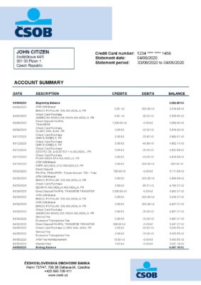 Czech Republic Československá Obchodní Banka bank statement easy to fill template in .xls and .pdf file format