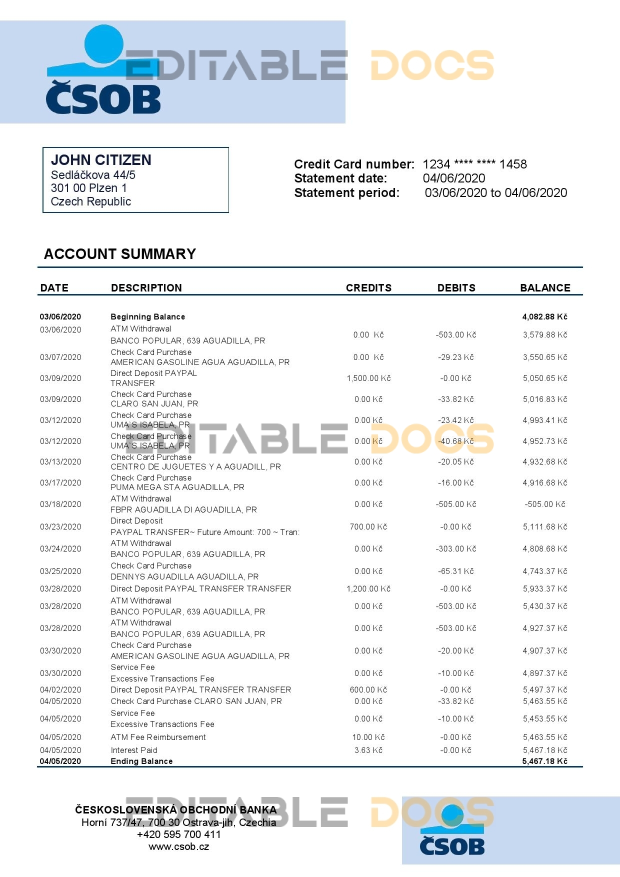 Czech Republic Československá Obchodní Banka bank statement easy to fill template in .xls and .pdf file format