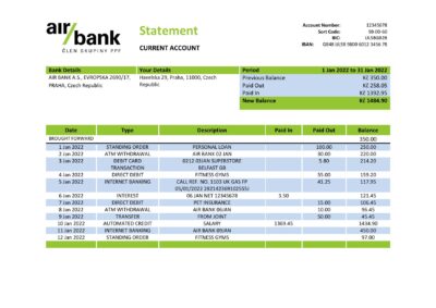 Czechia Air bank statement template in Word and PDF format