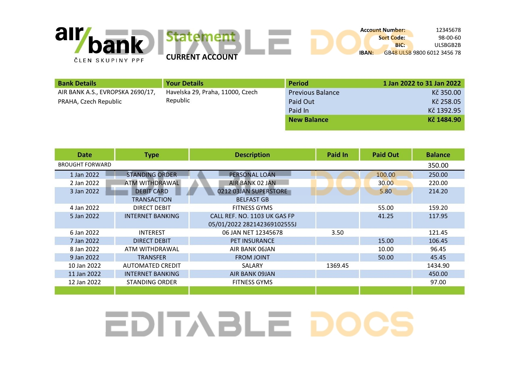 Czechia Air bank statement template in Word and PDF format