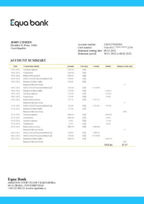 Czechia Equabank bank statement template in Word and PDF format