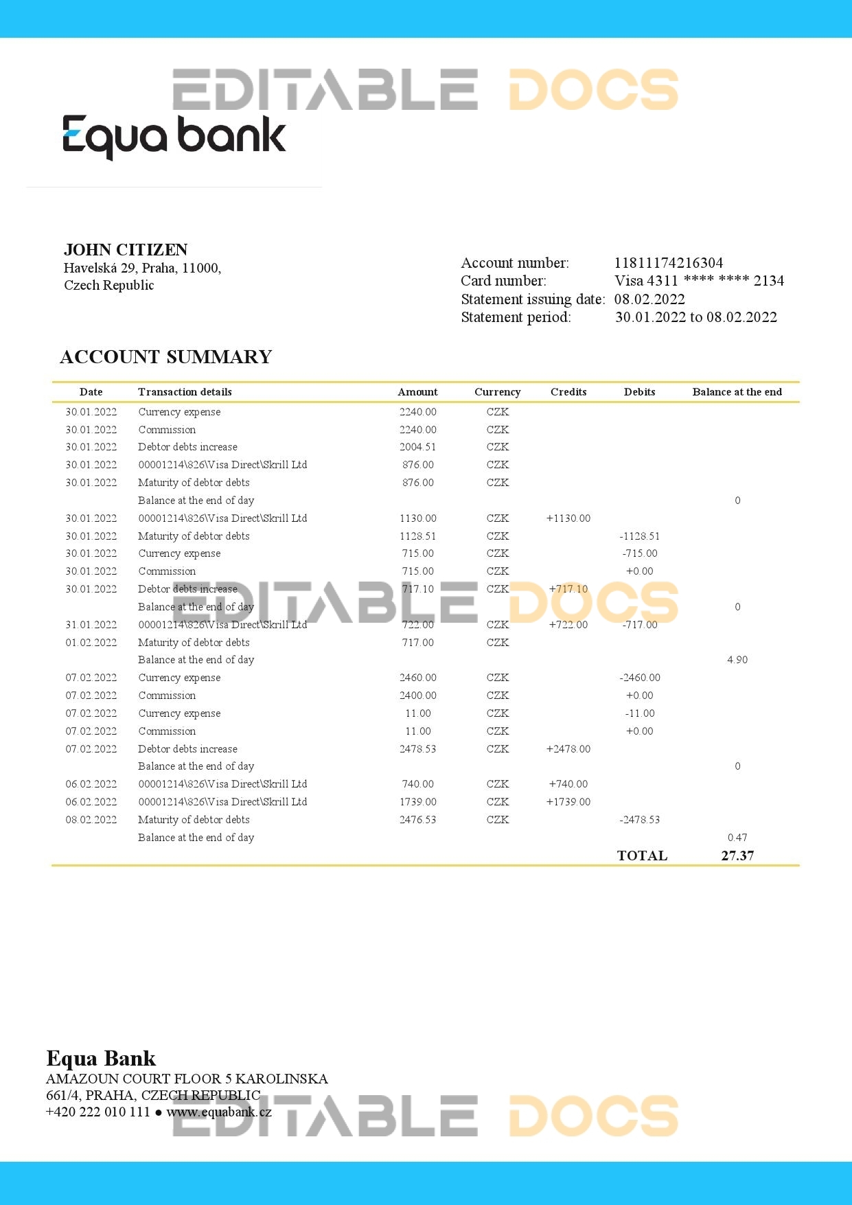 Czechia Equabank bank statement template in Word and PDF format