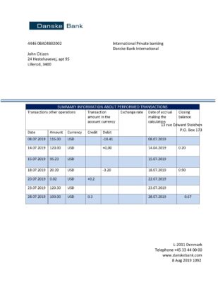 Denmark Danskebank proof of address bank statement template in Word and PDF format (.doc and .pdf)
