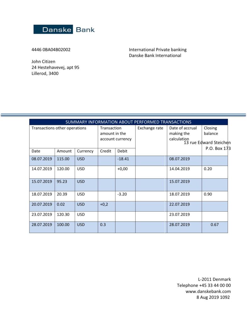 Denmark Danskebank proof of address bank statement template in Word and PDF format (.doc and .pdf)