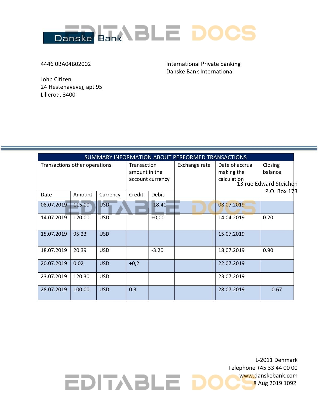 Denmark Danskebank proof of address bank statement template in Word and PDF format (.doc and .pdf)