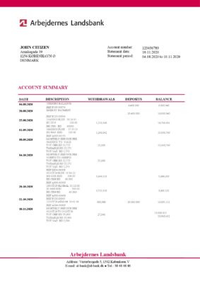 Denmark Arbejdernes Landsbank bank statement template in Word and PDF format