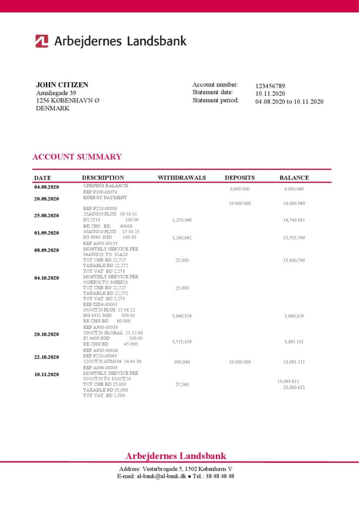 Denmark Arbejdernes Landsbank bank statement template in Word and PDF format