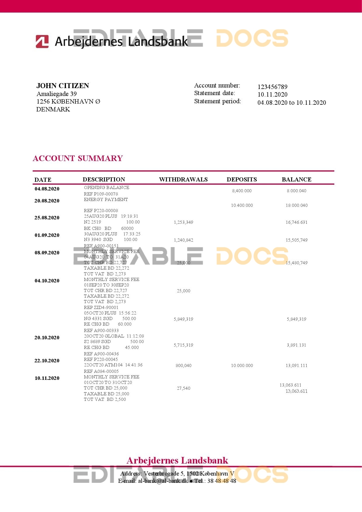 Denmark Arbejdernes Landsbank bank statement template in Word and PDF format