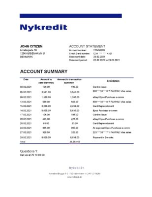 Denmark Nykredit bank statement easy to fill template in .xls and .pdf file format