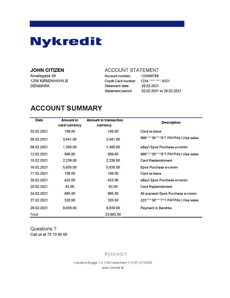 Denmark Nykredit bank statement easy to fill template in .xls and .pdf file format