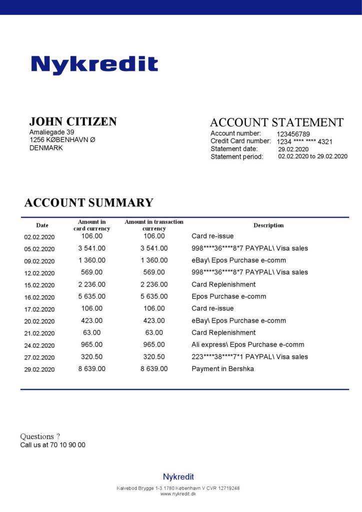 Denmark Nykredit bank statement template in Word and PDF format