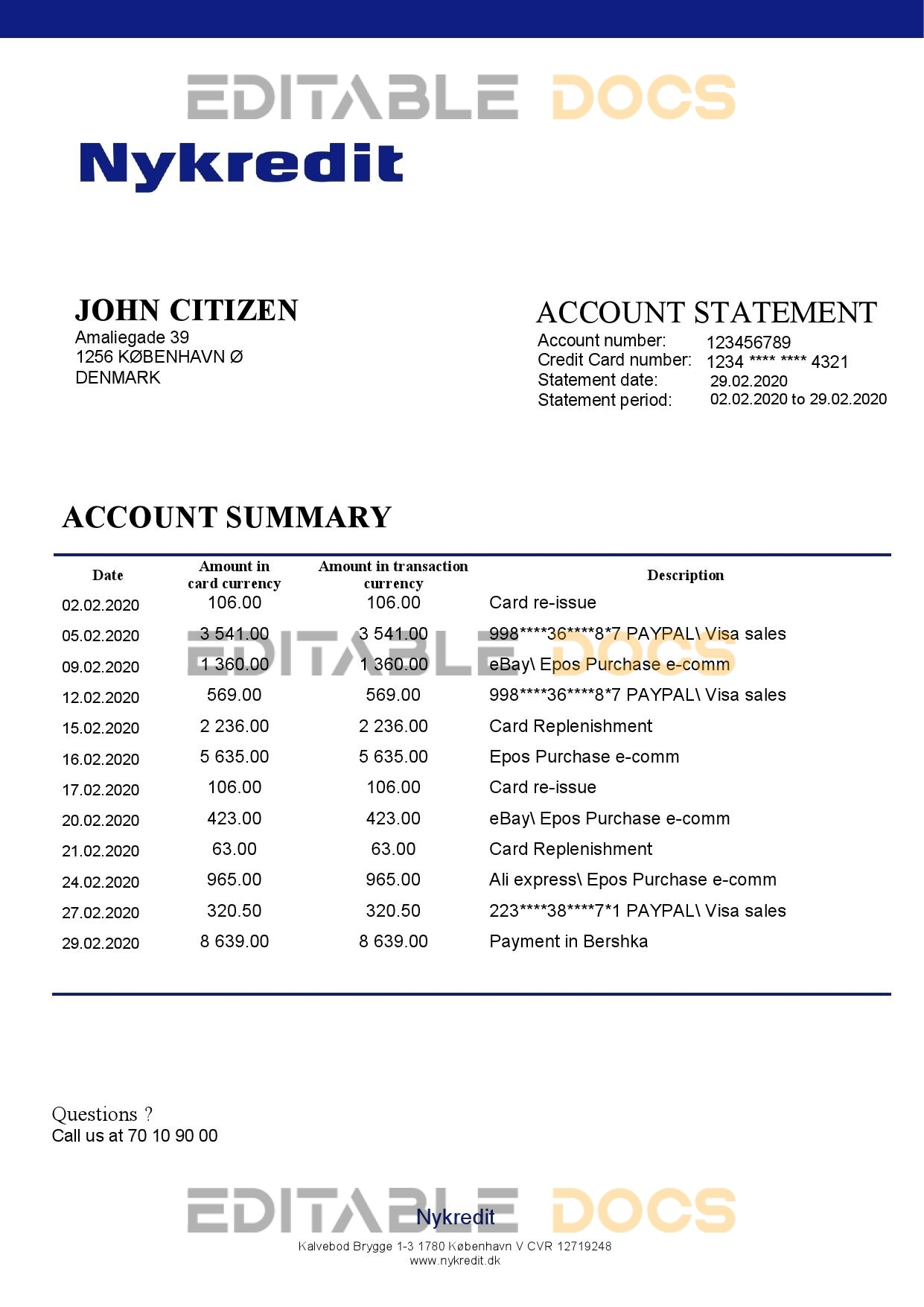 Denmark Nykredit bank statement template in Word and PDF format