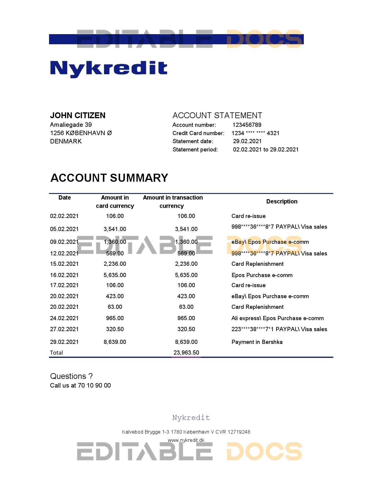 Denmark Nykredit bank statement easy to fill template in .xls and .pdf file format
