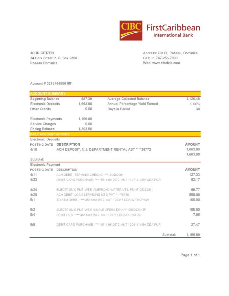 Dominica CIBC First Caribbean International Bank statement easy to fill template in .xls and .pdf file format