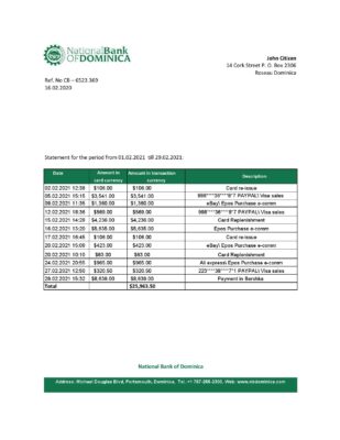 Dominica National Bank of Dominica bank statement easy to fill template in Excel and PDF format