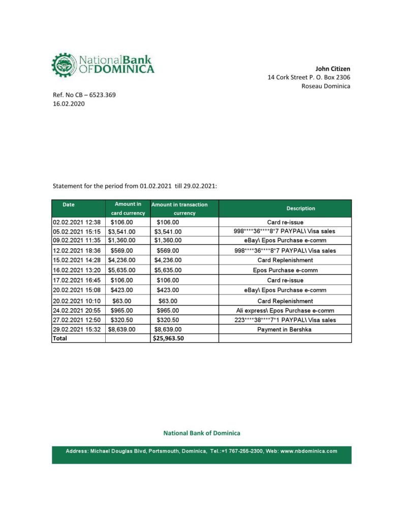 Dominica National Bank of Dominica bank statement easy to fill template in Excel and PDF format