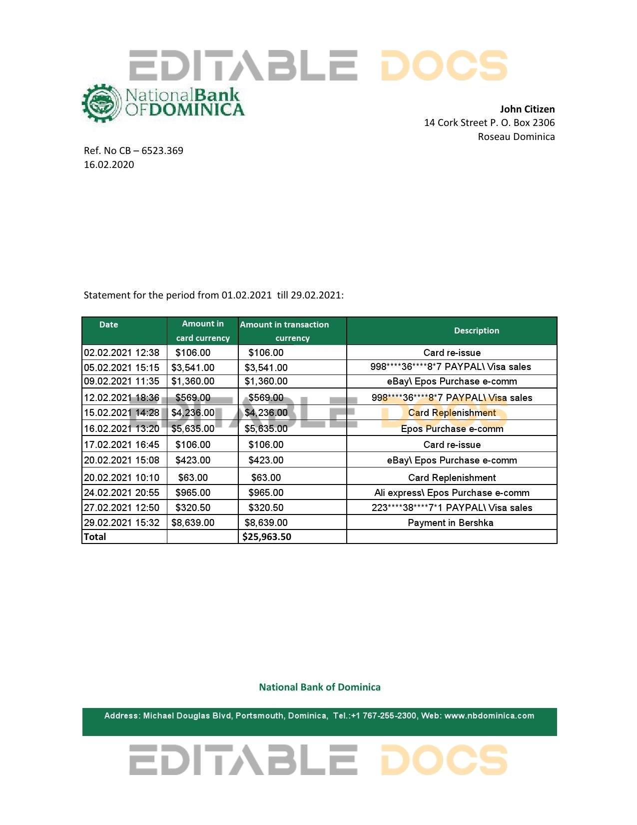 Dominica National Bank of Dominica bank statement easy to fill template in Excel and PDF format