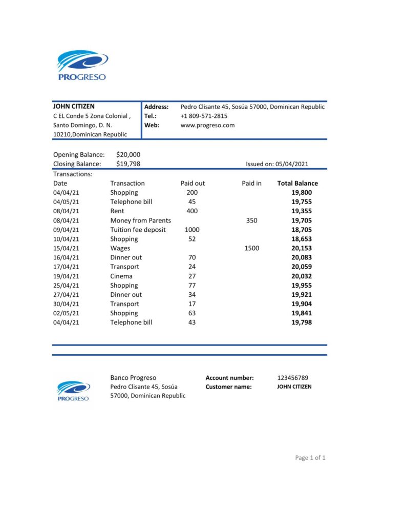 Dominican Republic Progreso bank statement template, Excel and PDF format (.xls and .pdf)