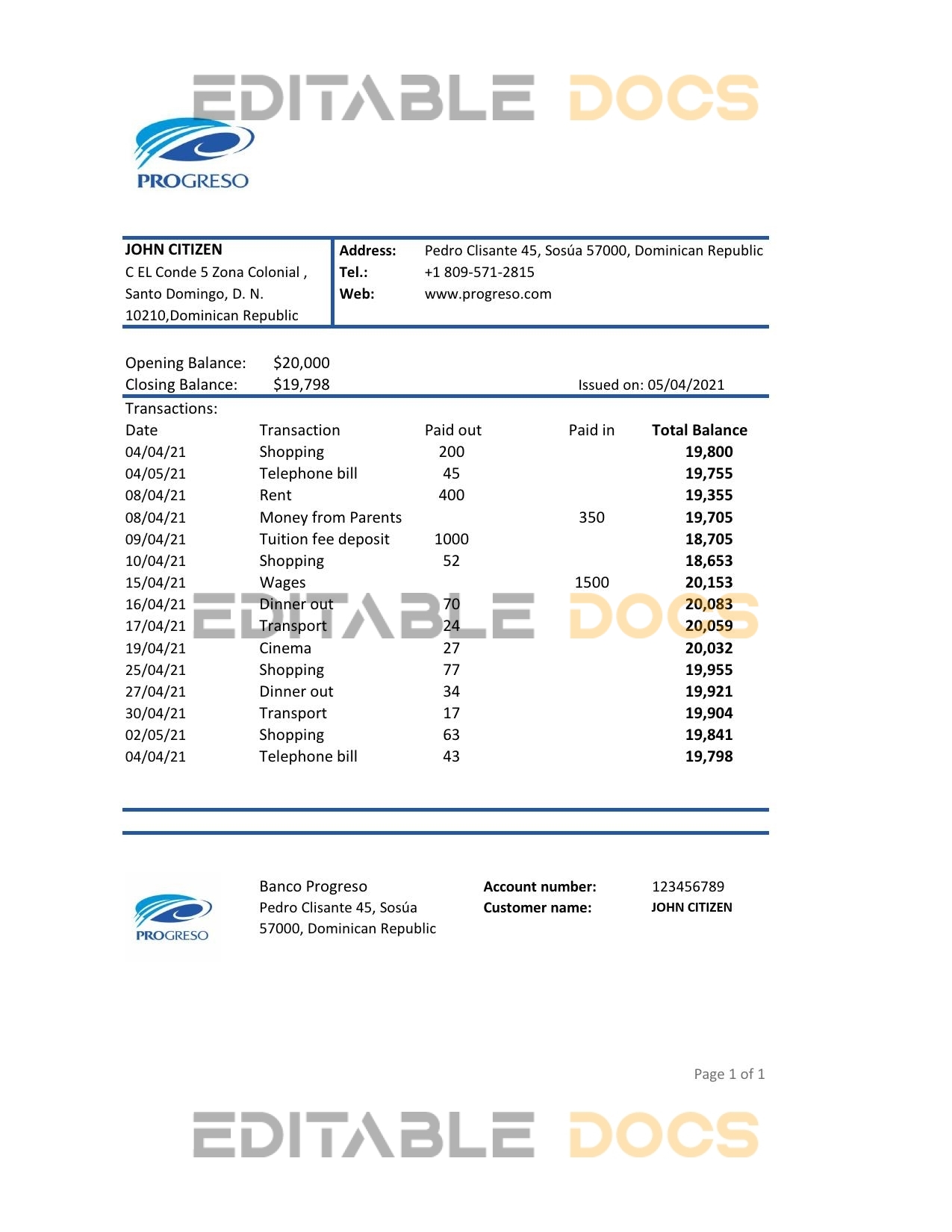 Dominican Republic Progreso bank statement template, Excel and PDF format (.xls and .pdf)