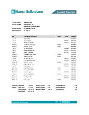 Ecuador Banco Bolivariano bank statement easy to fill template in .xls and .pdf file format
