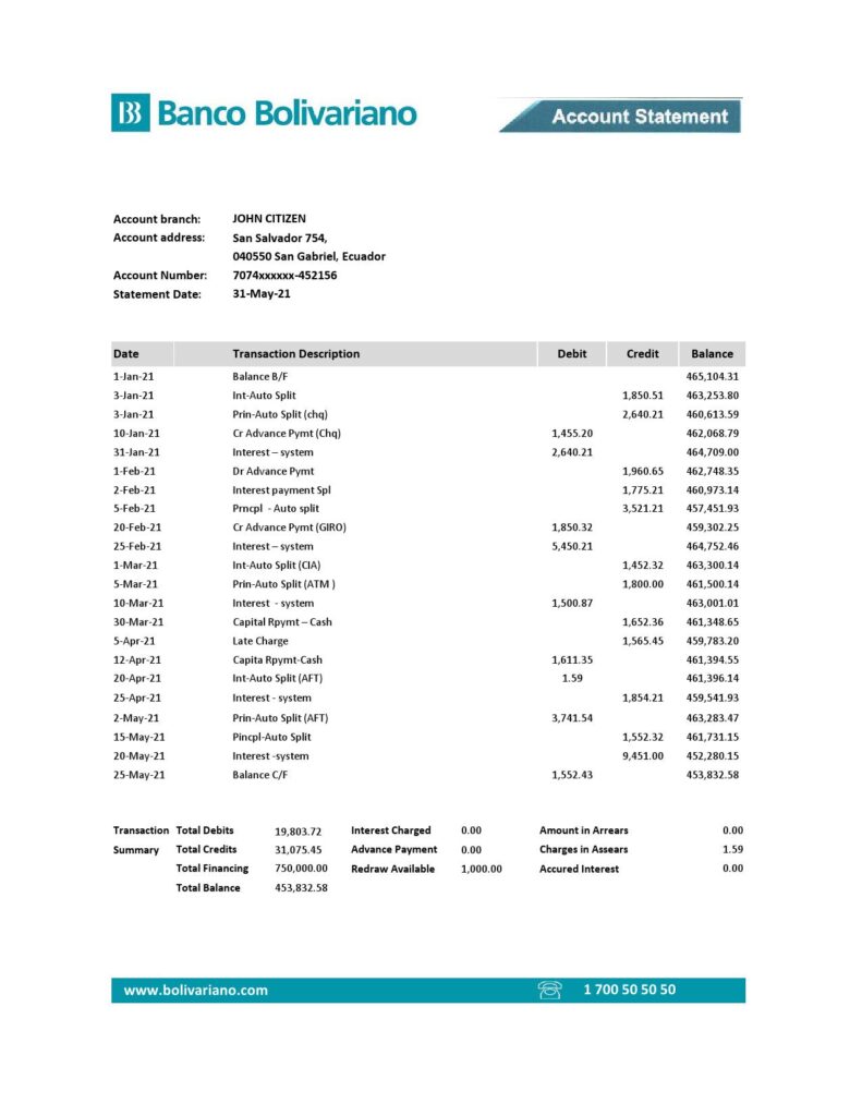 Ecuador Banco Bolivariano bank statement easy to fill template in .xls and .pdf file format