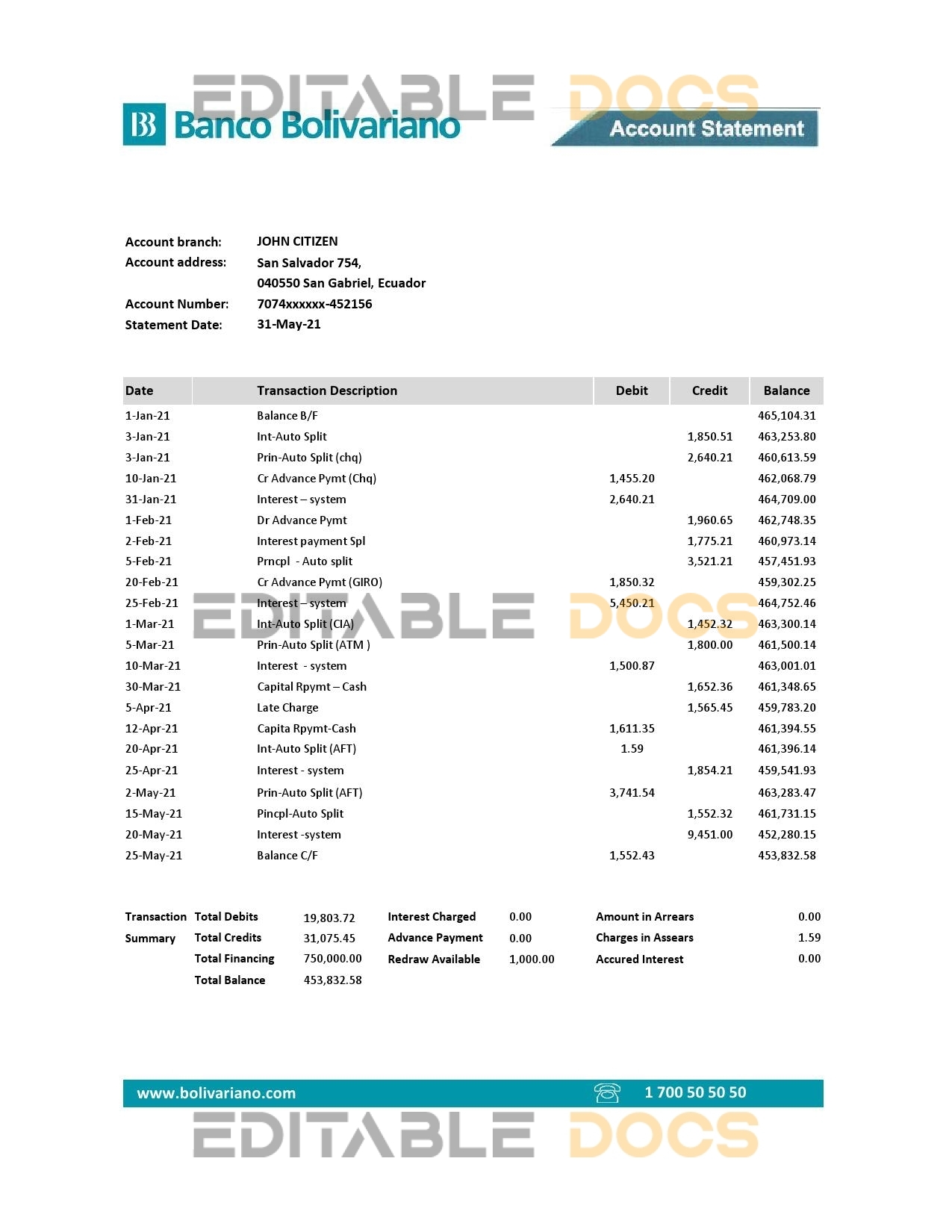 Ecuador Banco Bolivariano bank statement easy to fill template in .xls and .pdf file format
