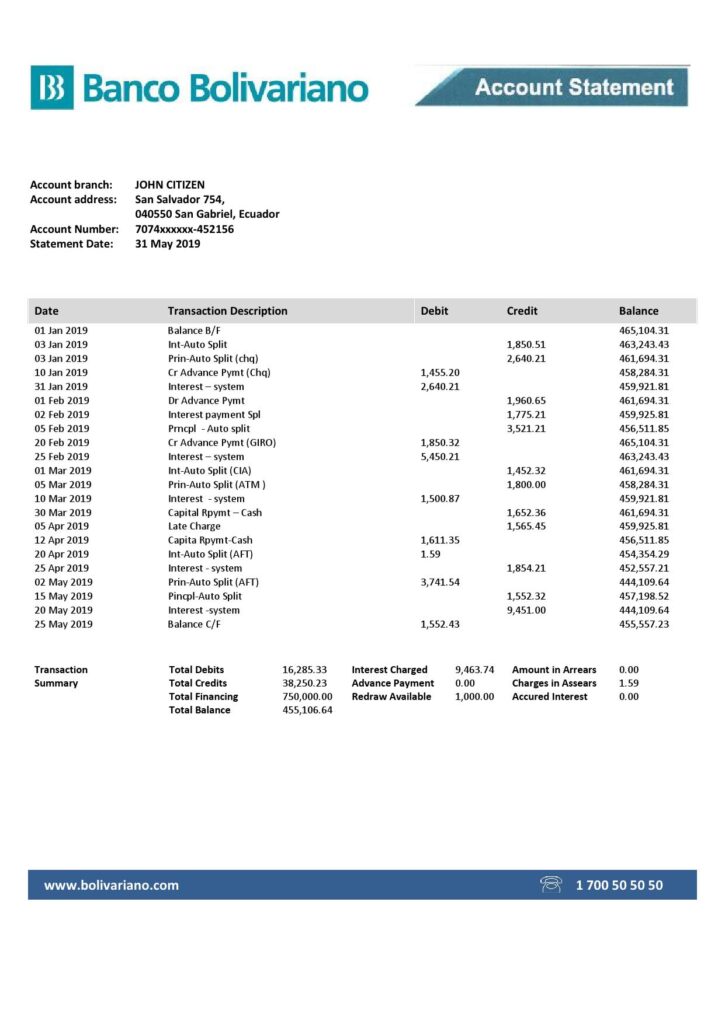 Ecuador Banco Bolivariano proof of address bank statement template in Word and PDF format