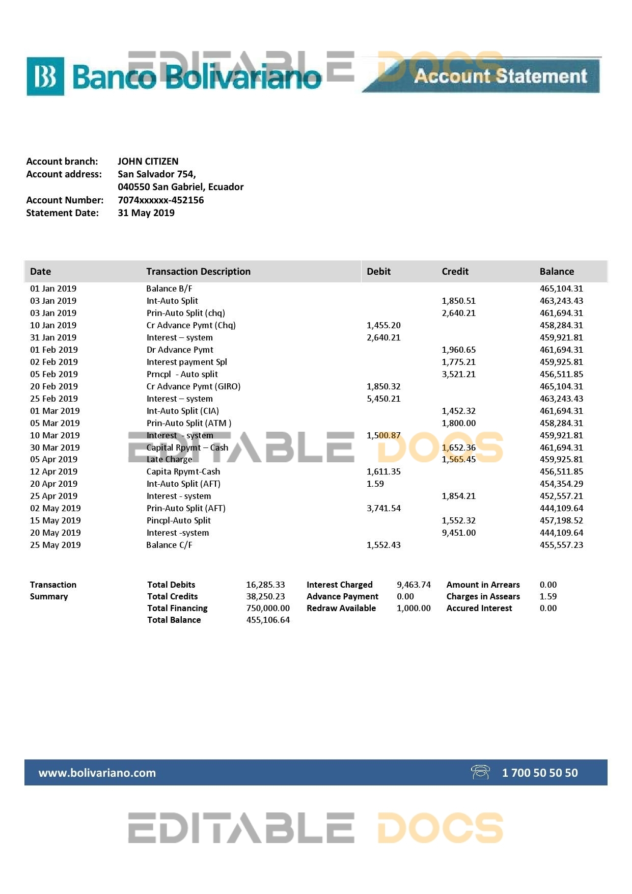 Ecuador Banco Bolivariano proof of address bank statement template in Word and PDF format