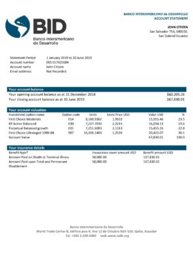 Ecuador Banco Interamericano de Desarrollo (BID) bank statement template in Word and PDF format, good for address prove