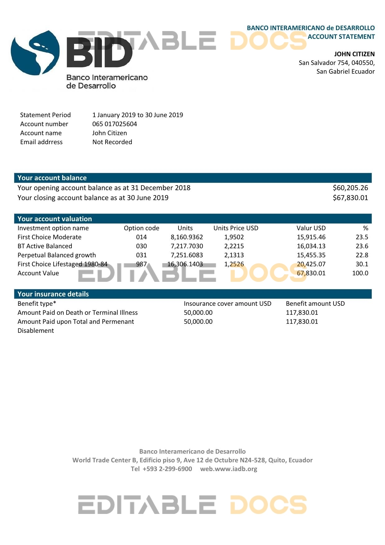 Ecuador Banco Interamericano de Desarrollo (BID) bank statement template in Word and PDF format, good for address prove
