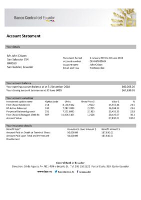 Ecuador Central Bank of Ecuador proof of address bank statement template in Word and PDF format