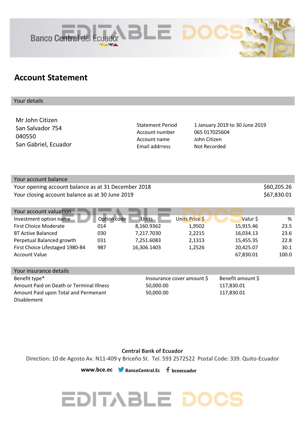 Ecuador Central Bank of Ecuador bank statement easy to fill template in Excel and PDF format