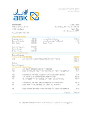 Egypt Al Ahli Bank of Kuwait bank statement easy to fill template in Excel and PDF format