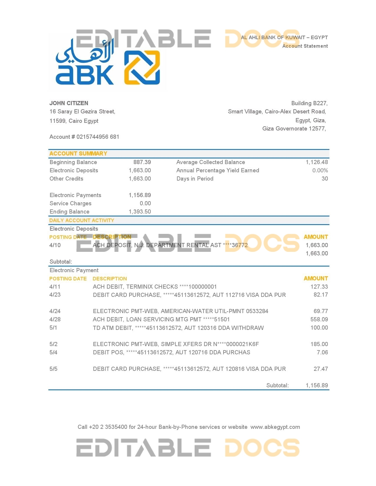 Egypt Al Ahli Bank of Kuwait bank statement easy to fill template in Excel and PDF format