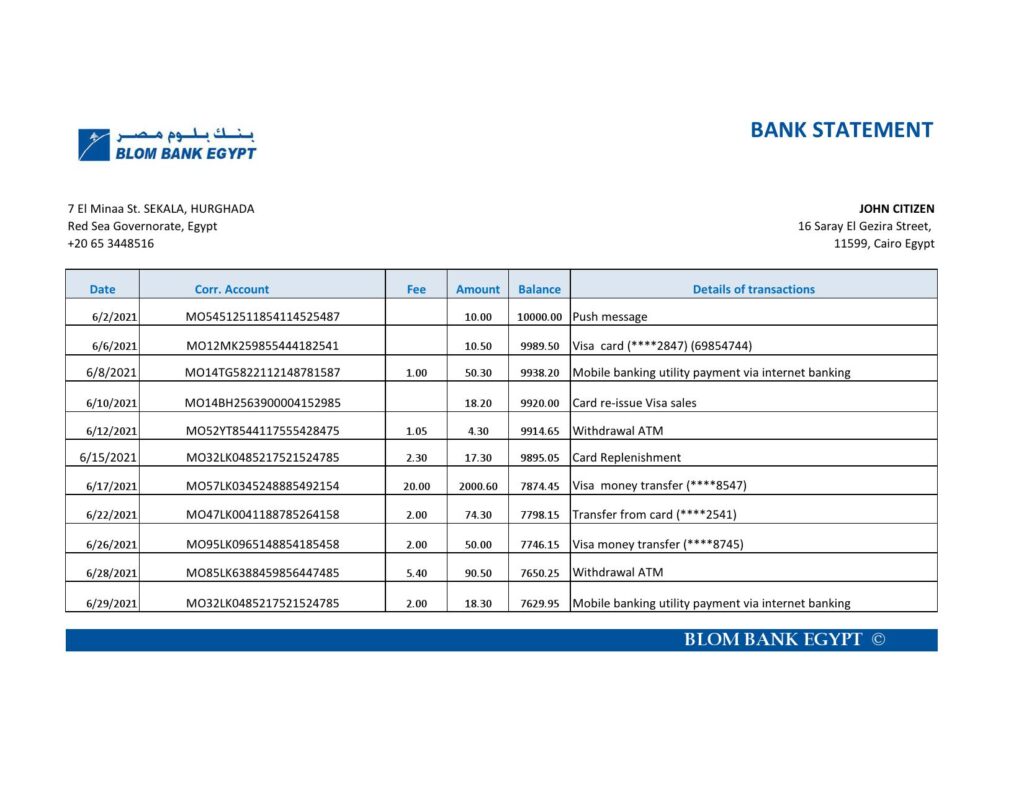 Egypt Blom Bank of Egypt bank statement easy to fill template in Excel and PDF format