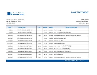 Egypt Blom Bank of Egypt bank statement easy to fill template in Excel and PDF format