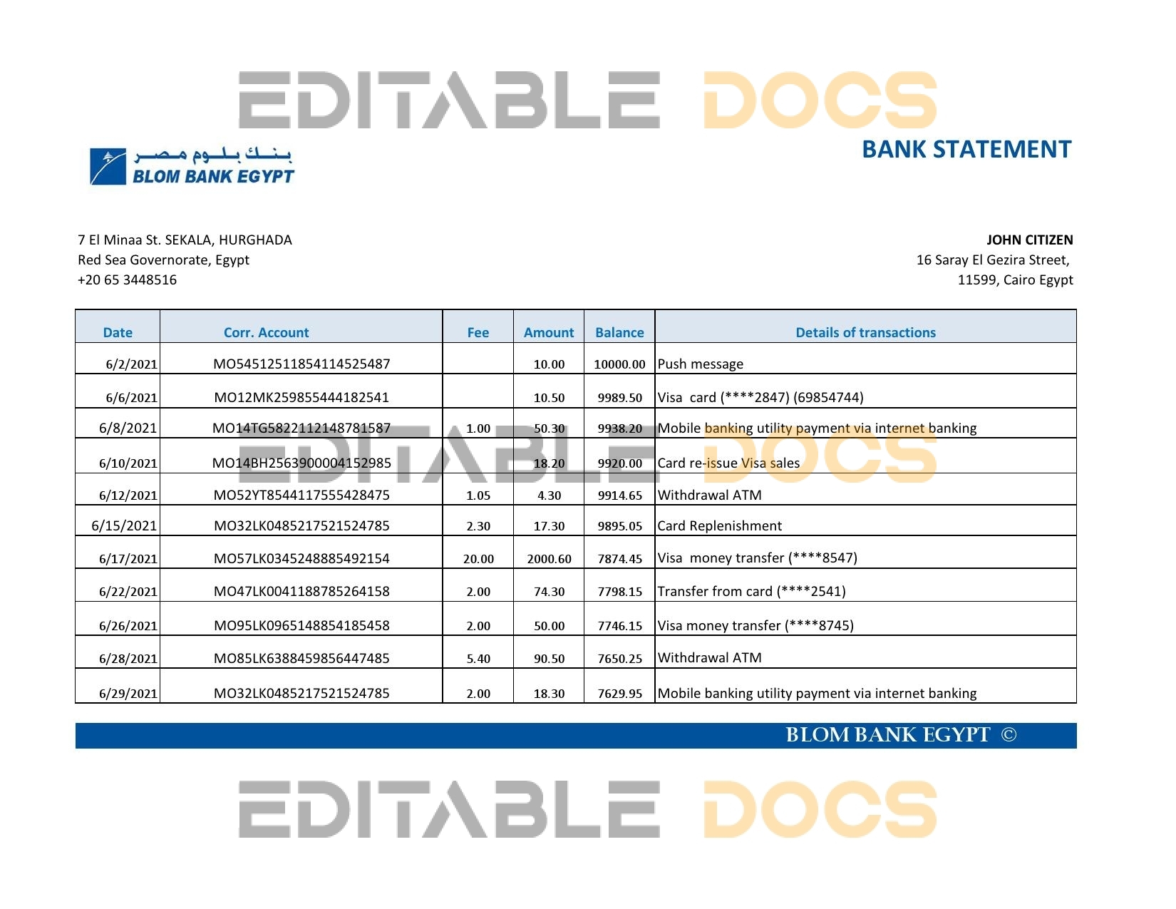 Egypt Blom Bank of Egypt bank statement easy to fill template in Excel and PDF format