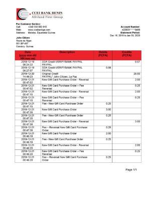 Equatorial Guinea CCEI Bank proof of address statement template in Word and PDF format