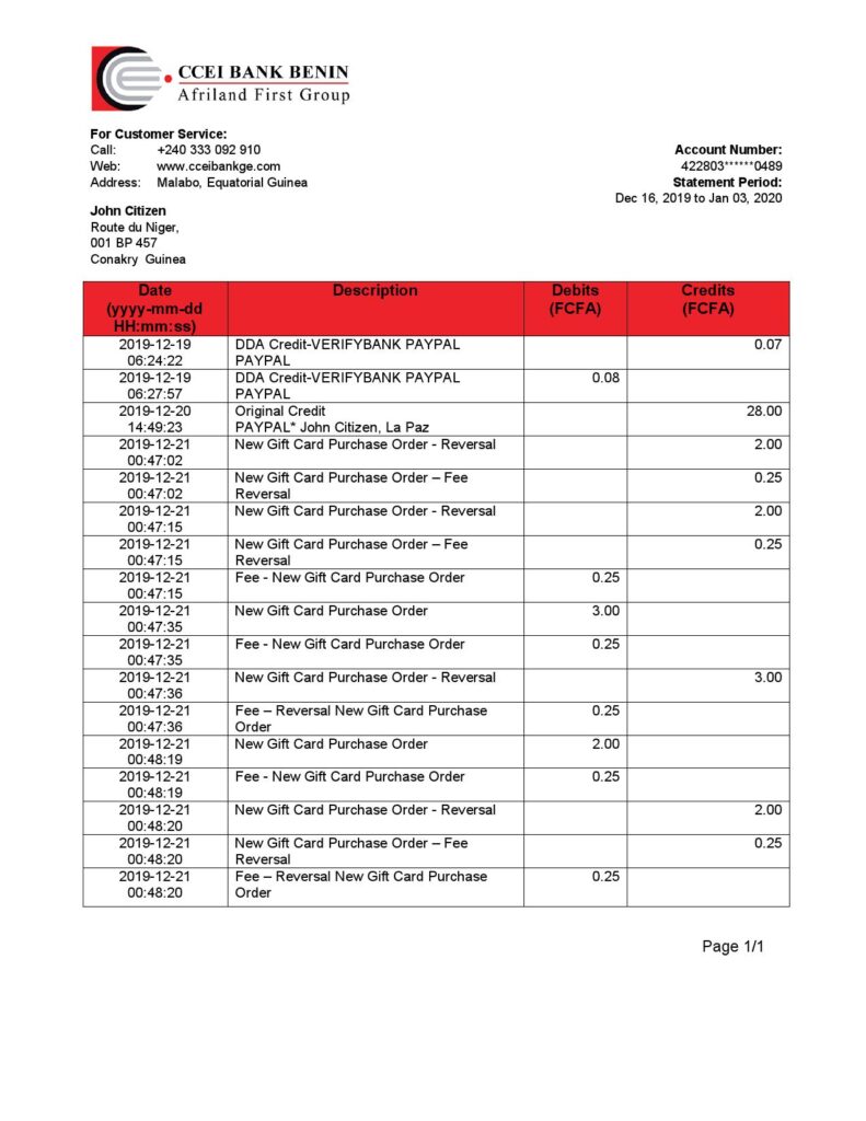Equatorial Guinea CCEI Bank Benin bank statement easy to fill template in .xls and .pdf file format