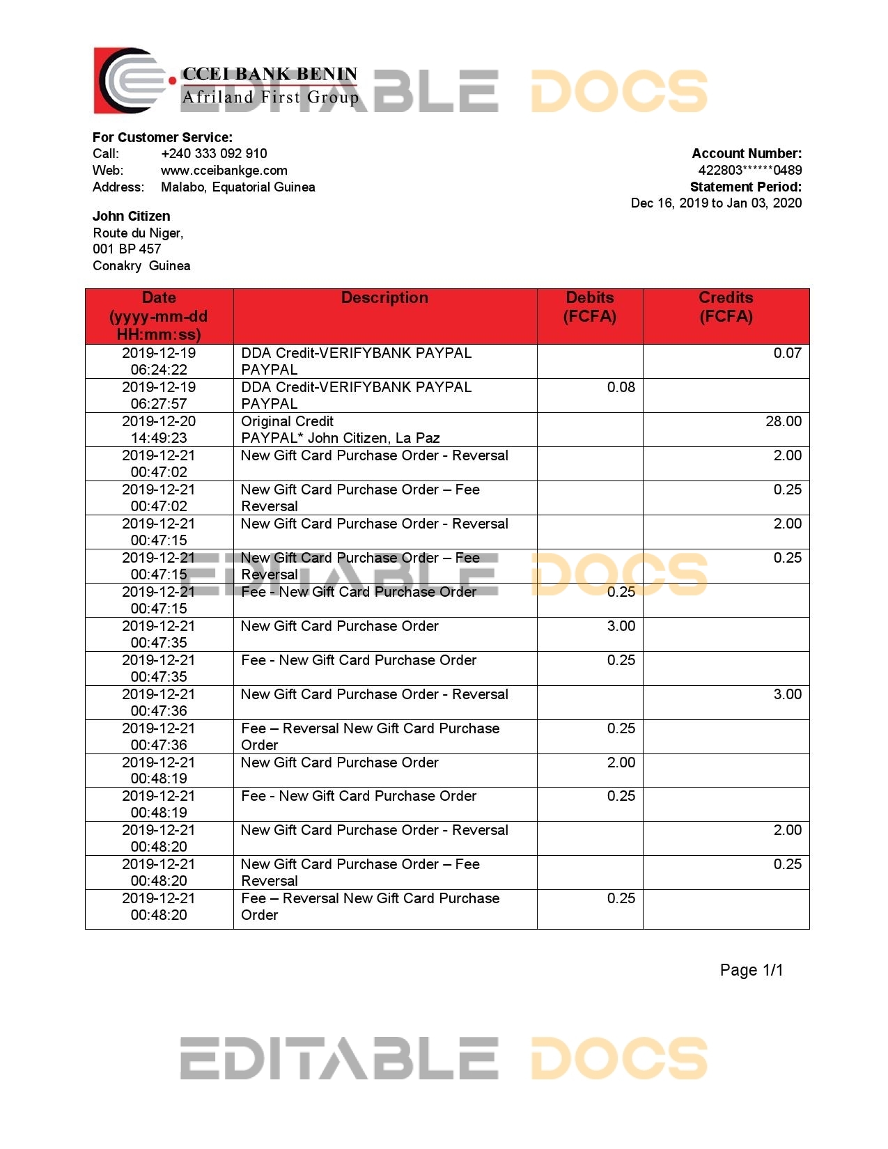 Equatorial Guinea CCEI Bank Benin bank statement easy to fill template in .xls and .pdf file format