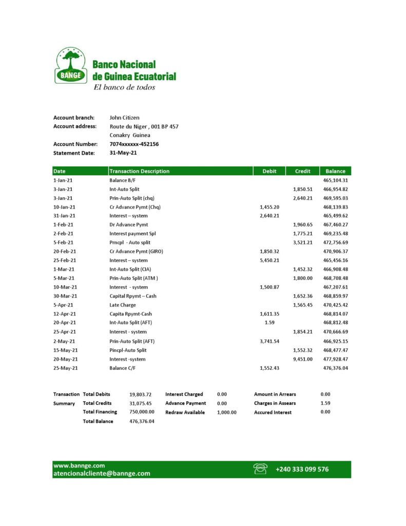 Equatorial Guinea The National Bank of Equatorial Guinea bank statement template in Word and PDF format