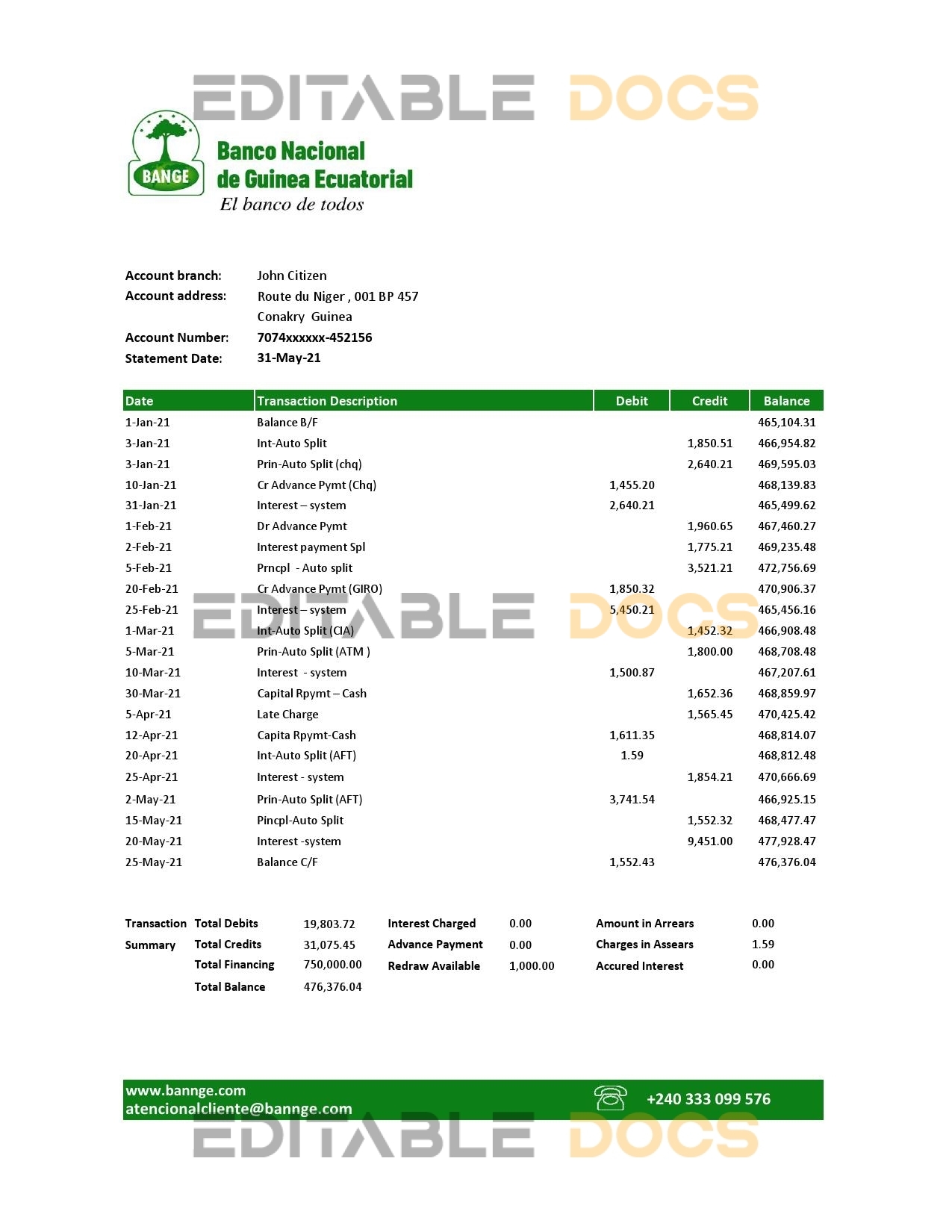Equatorial Guinea The National Bank of Equatorial Guinea bank statement template in Word and PDF format