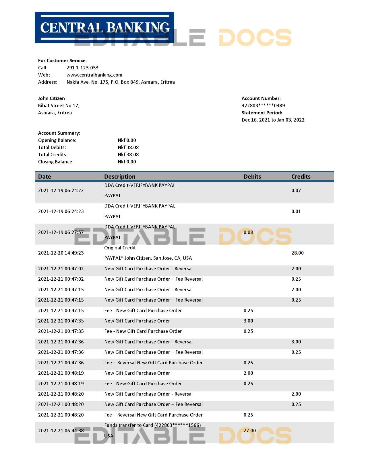 Eritrea Central bank statement template in Word and PDF format