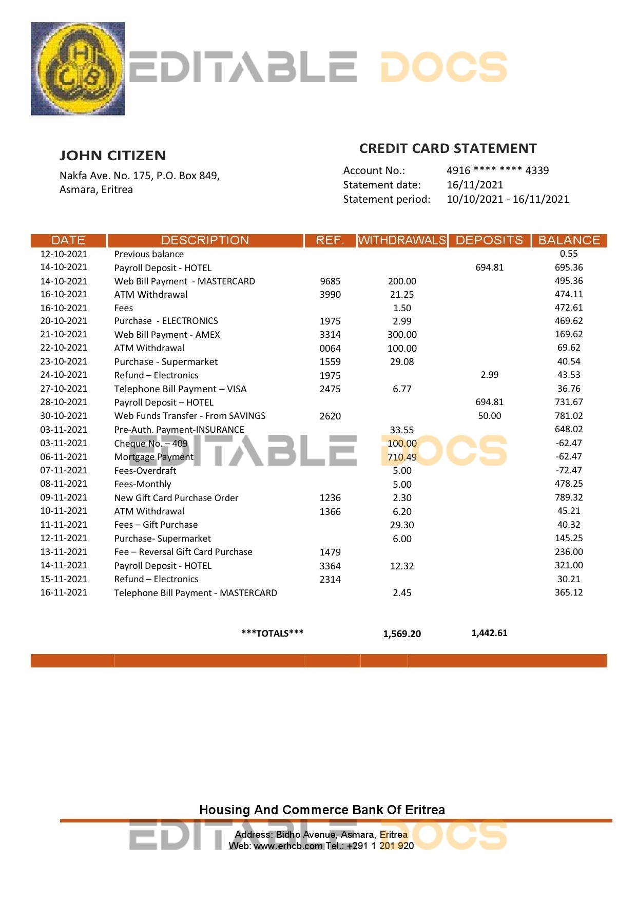 Eritrea Housing and Commerce bank statement template in Word and PDF format