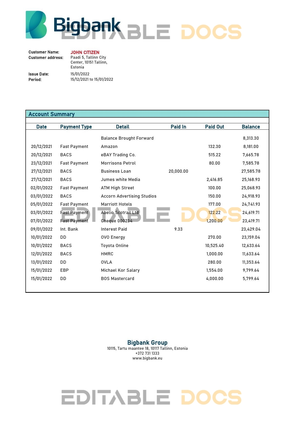 Estonia Bigbank proof of address bank statement template in Word and PDF format,(.doc and .pdf)