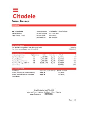 Estonia Citadele banka Eesti filiaal AS bank statement template in Excel and PDF format