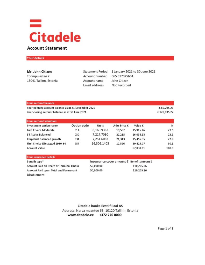 Estonia Citadele banka Eesti filiaal AS bank statement template in Excel and PDF format