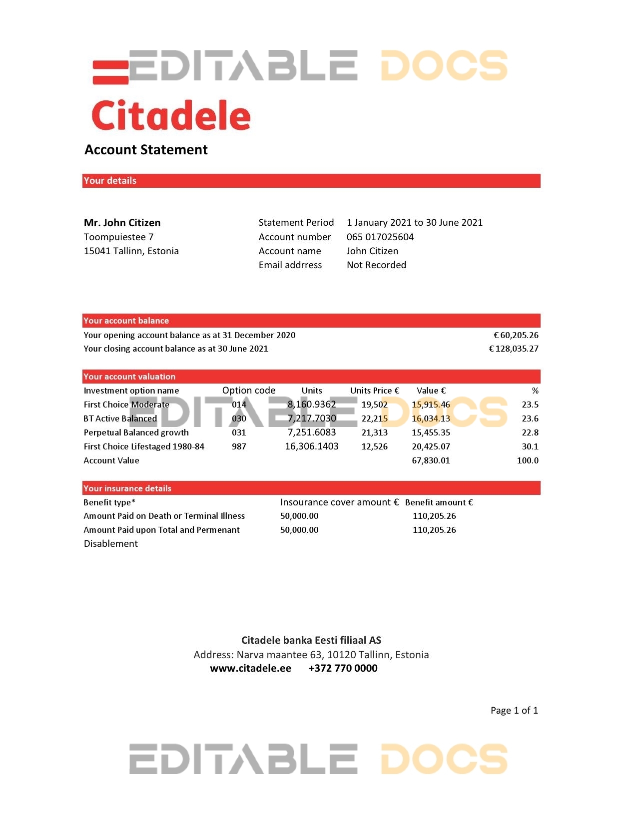 Estonia Citadele banka Eesti filiaal AS bank statement template in Excel and PDF format