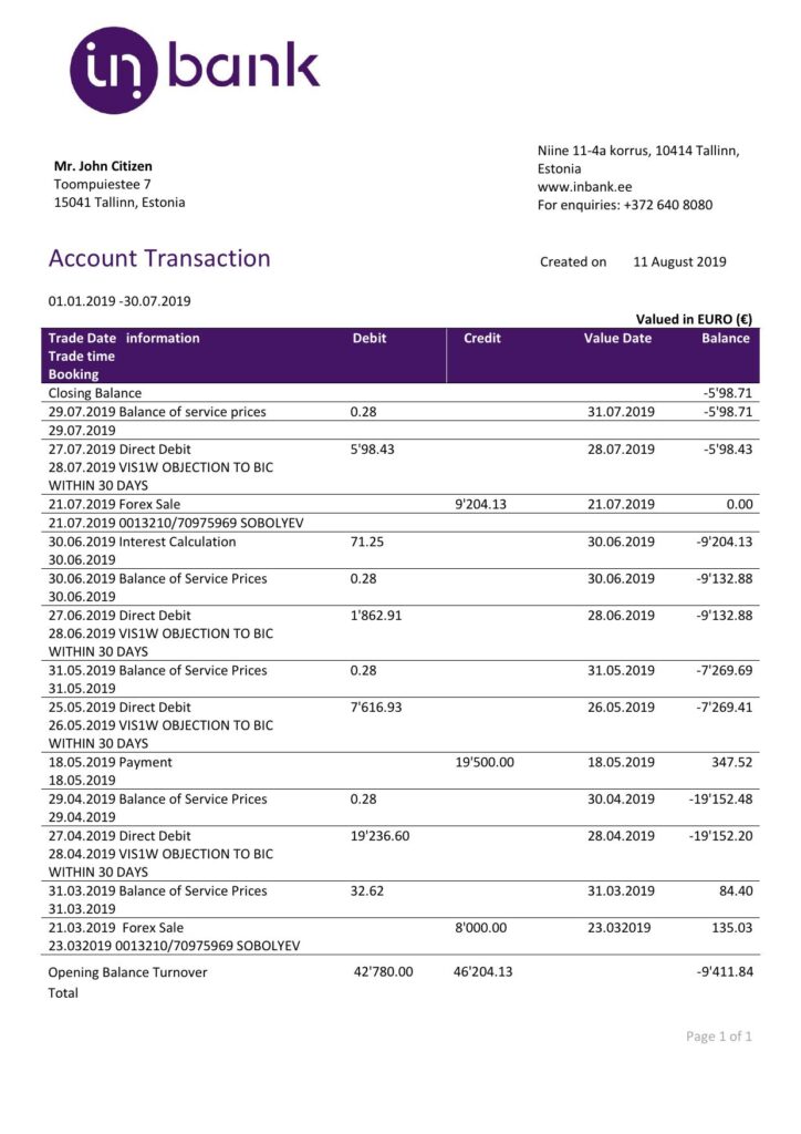 Estonia Inbank bank statement template, Word and PDF format (.doc and .pdf)
