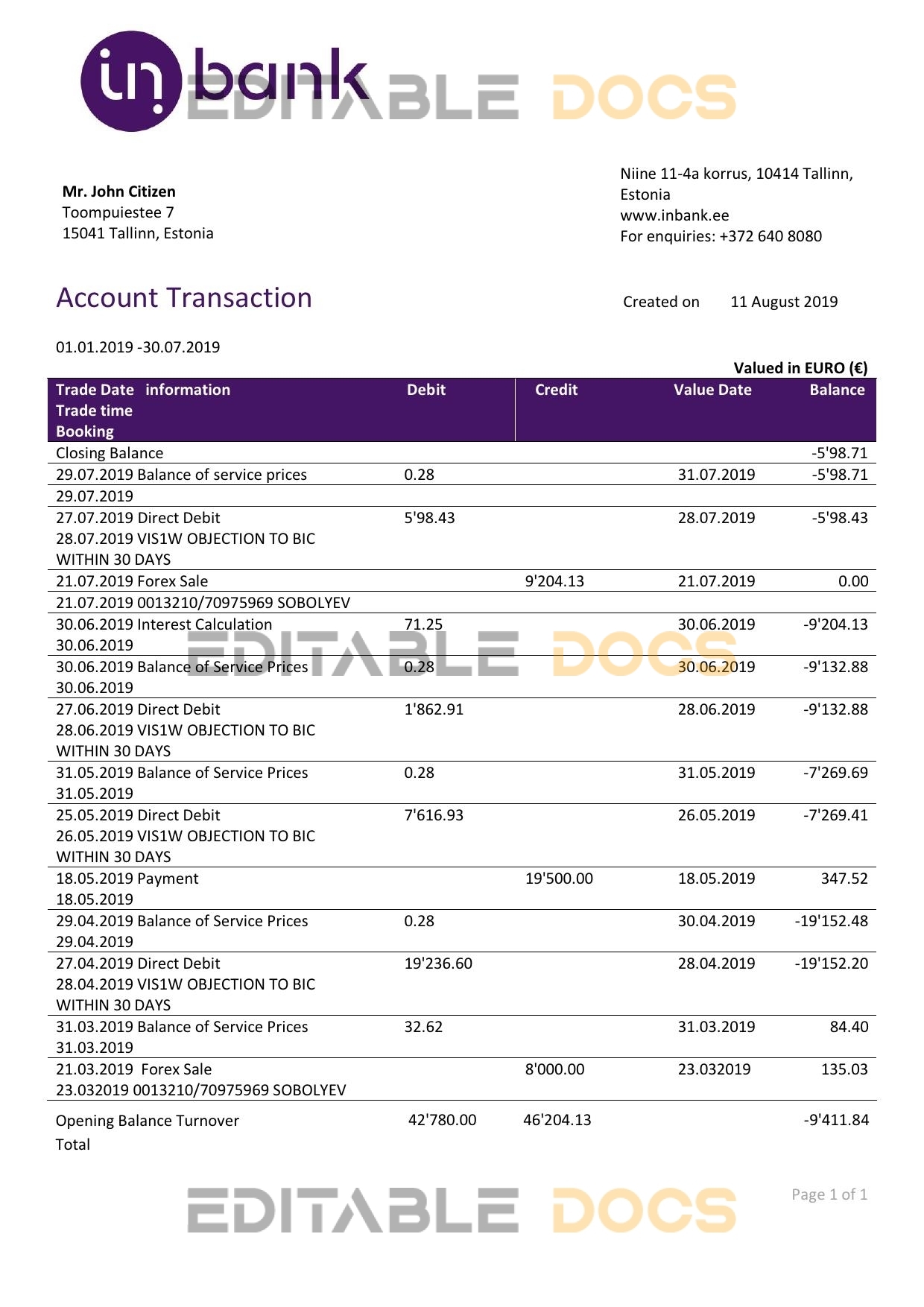 Estonia Inbank bank statement template, Word and PDF format (.doc and .pdf)